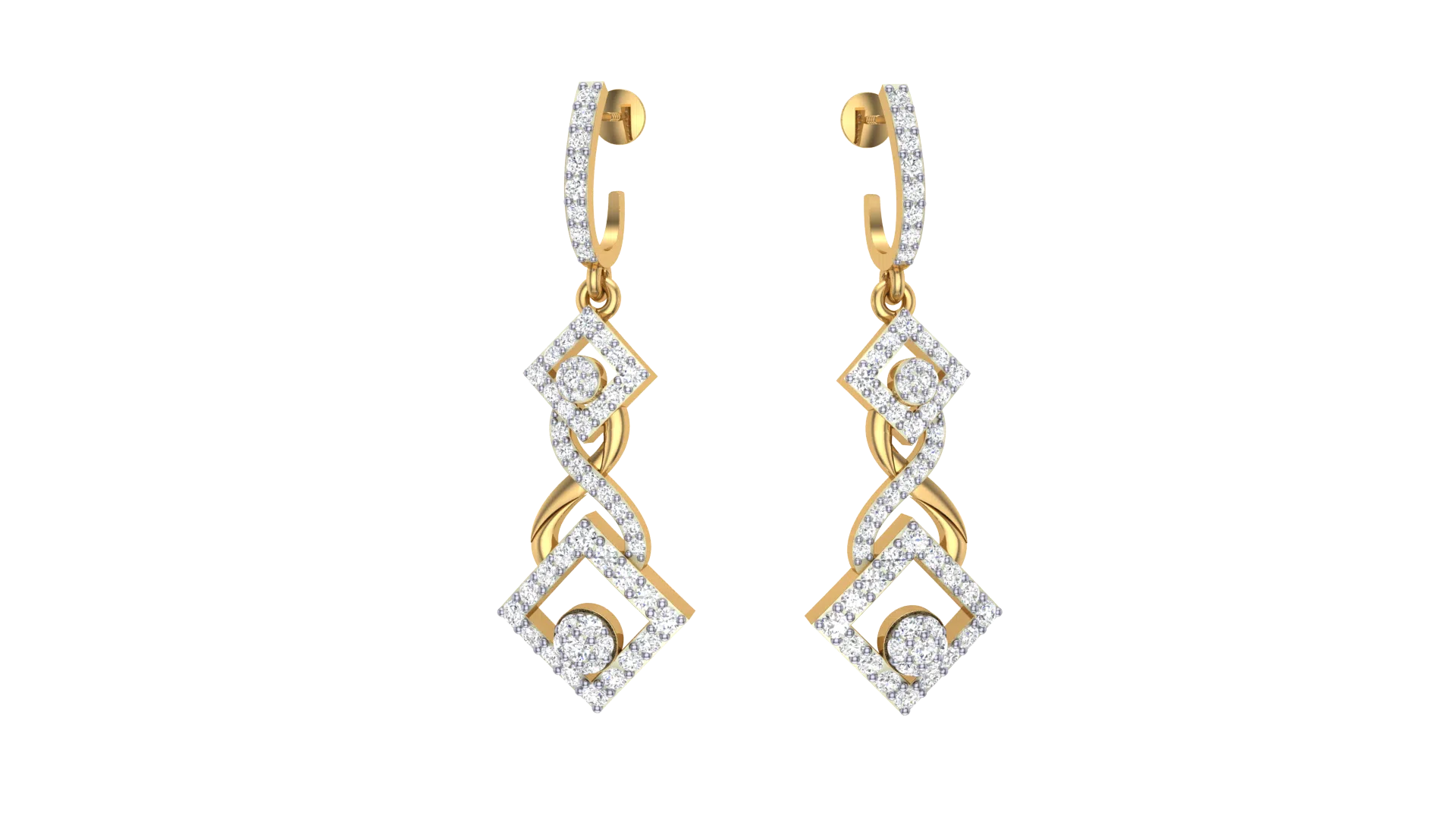 Gold Wt(18K) 3.6 gms | Diamonds 0.7 ct. Radiant Drop Square Diamond Earrings combine square gold frames with sparkling diamond drops for bold elegance.